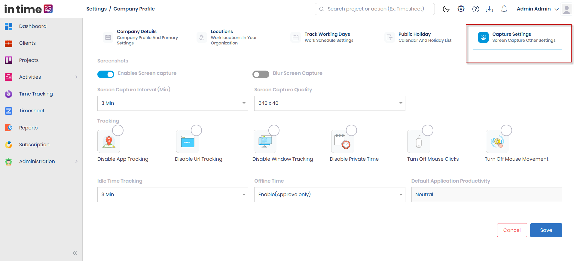 Capture Settings tab with the Screen Capture section, Tracking Controls section, and Other Settings section (Idle Time Tracking, Offline Time, Default Application Productivity)